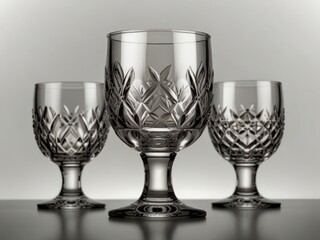 Elegant Crystal Glasses with Intricate Patterns in a Symmetrical Display