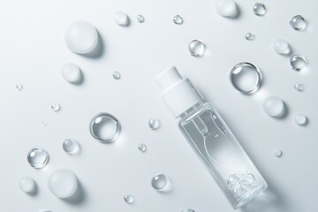 Hydration Essential: A clean and minimal product photo of a transparent spray bottle nestled amidst glistening water droplets, evoking a sense of freshness and purity.