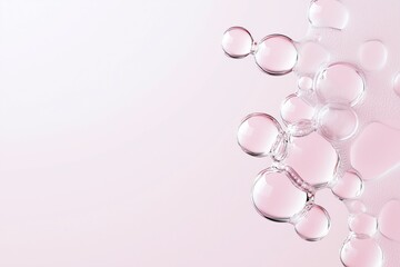 Shimmering Bubbles on Pink: A cluster of iridescent, transparent bubbles gracefully cascades down a delicate pink background, creating an ethereal, almost hypnotic effect. The soft.