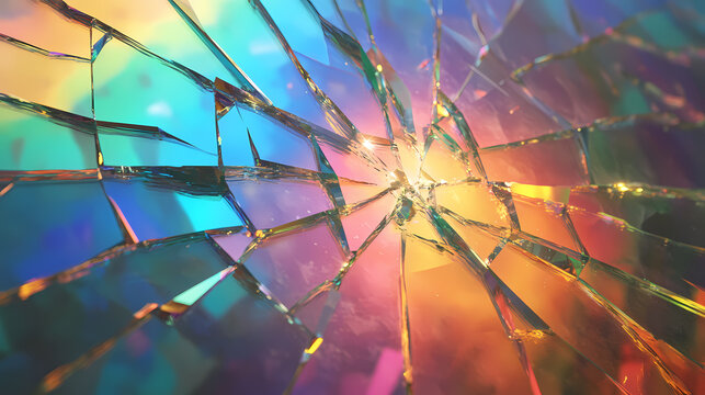 A shattered mirror effect with rainbow reflections breaking up into different sections. Shattered Reflections. Illustration
