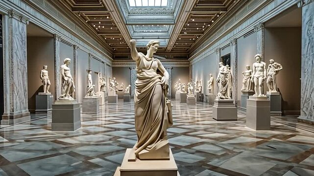 A museum hall exhibiting classical marble statues under a skylight in a grand space