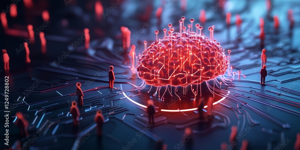 Poster glowing red brain resting on circuit board, surrounded by miniature human silhouettes, representing 