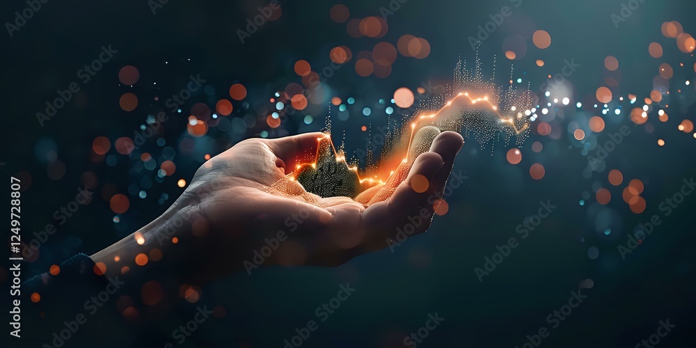Poster magical glowing miniature castle floating above open palm with sparkles and light trails against dar