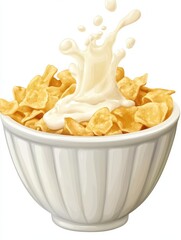 Corn flakes with milk splash in white bowl isolated on white background. PNG illustration