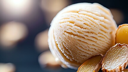 Creamy vanilla ice cream scoop with textured ridges and smooth surface against dark background with bokeh lights, close-up macro food photography.