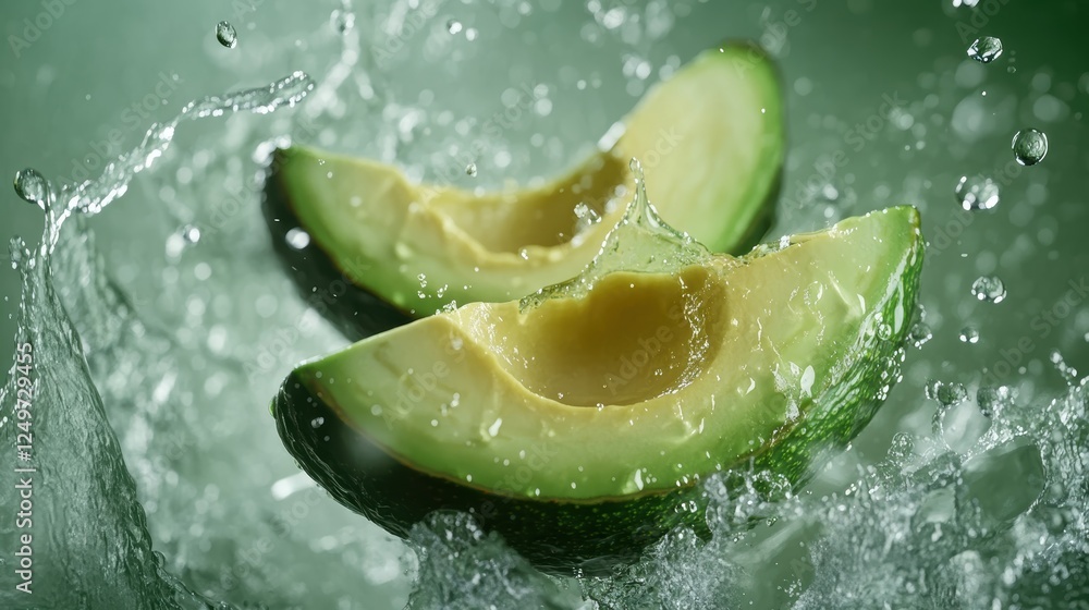 Poster a sliced avocado is being splashed with water