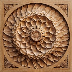 Intricate wooden mandala carving with floral design on textured background for art concept