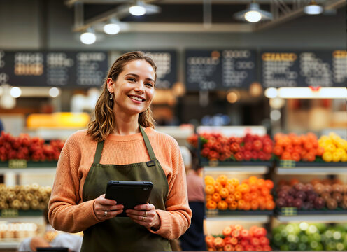 A Smiling Retail Employee in a Grocery Store Surrounded by Fresh Produce and Good Vibes