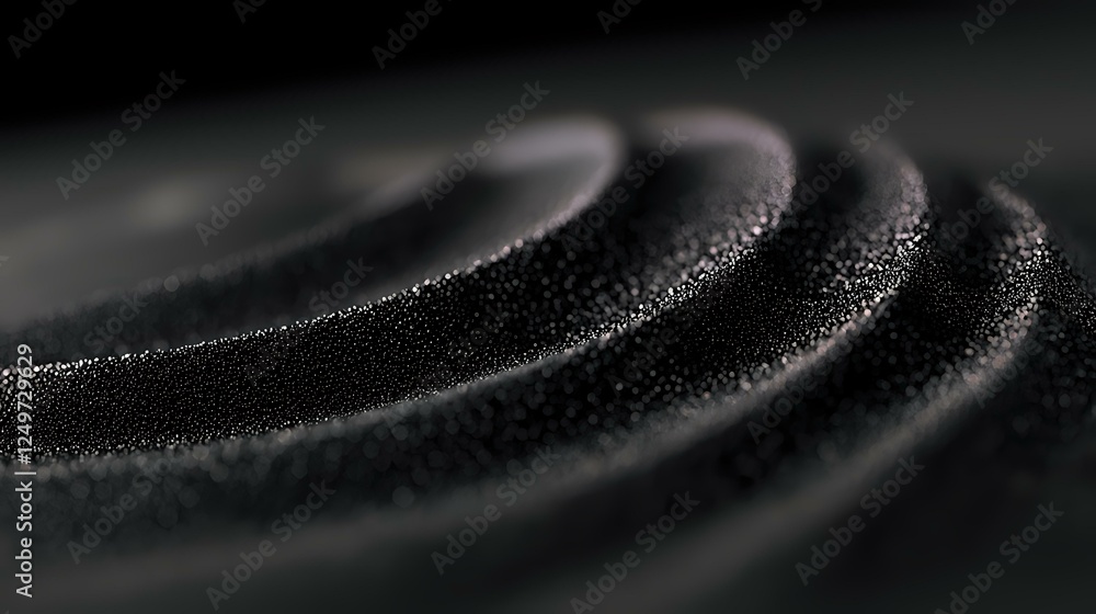 Poster macro shot of black sand arranged in concentric circular waves creating mesmerizing pattern with sha