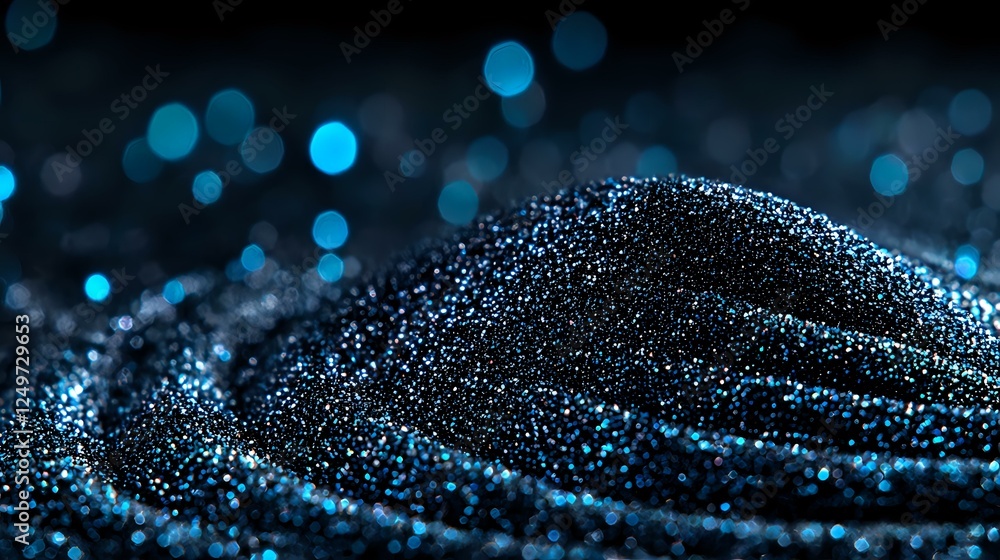 Poster glowing blue particles forming abstract waves on dark background with bokeh effect, creating futuris
