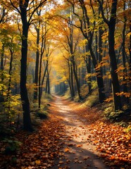 Obraz premium Walking Path Through Autumn Forest with Golden Leaves and Sunlight