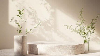 Elegant White Flowers and Plants Display on a Light Beige Pedestal