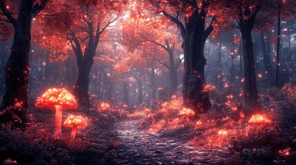 Glowing mushroom path in autumn forest; fantasy background