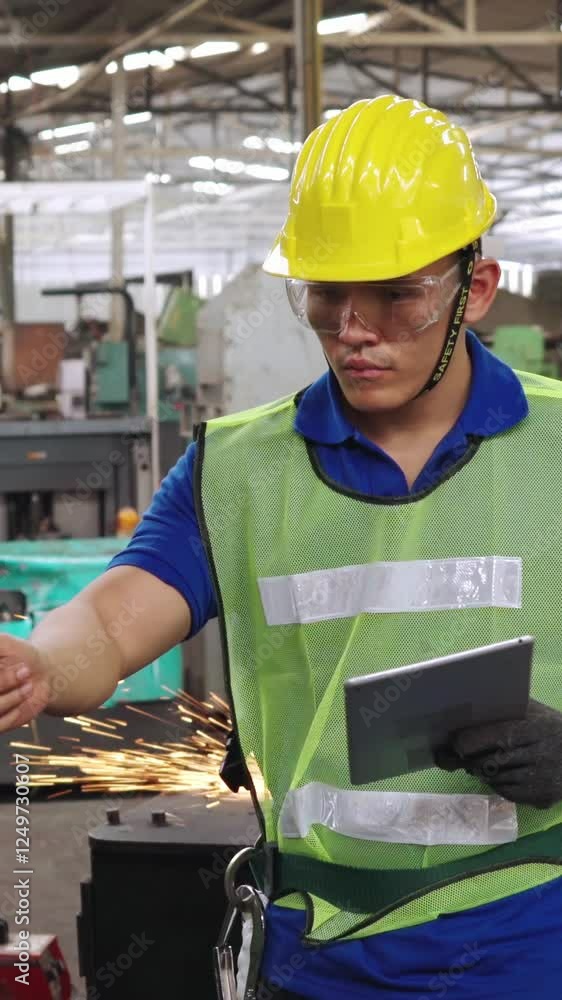 Poster smart factory worker using machine in factory workshop . industry and engineering concept.