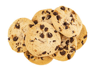 Pile of chocolate chip cookies isolated on transparent background, showcasing a classic sweet treat perfect for snacks or desserts.