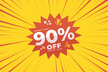 90% off sale banner vector with red and yellow sunburst background and white text. Perfect for flash sale, special offers, big sale, e-commerce, online promotions and discount advertising.