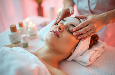 Fototapeta premium Luxury spa facial massage. A woman relaxes on a massage table as a therapist gently massages her forehead. Wrapped in a towel, surrounded by candles and flowers, she enjoys a calming treatment 
