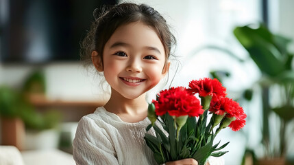 Smiling Japanese girl holding red carnations and looking at the camera. Mother's Day concept.