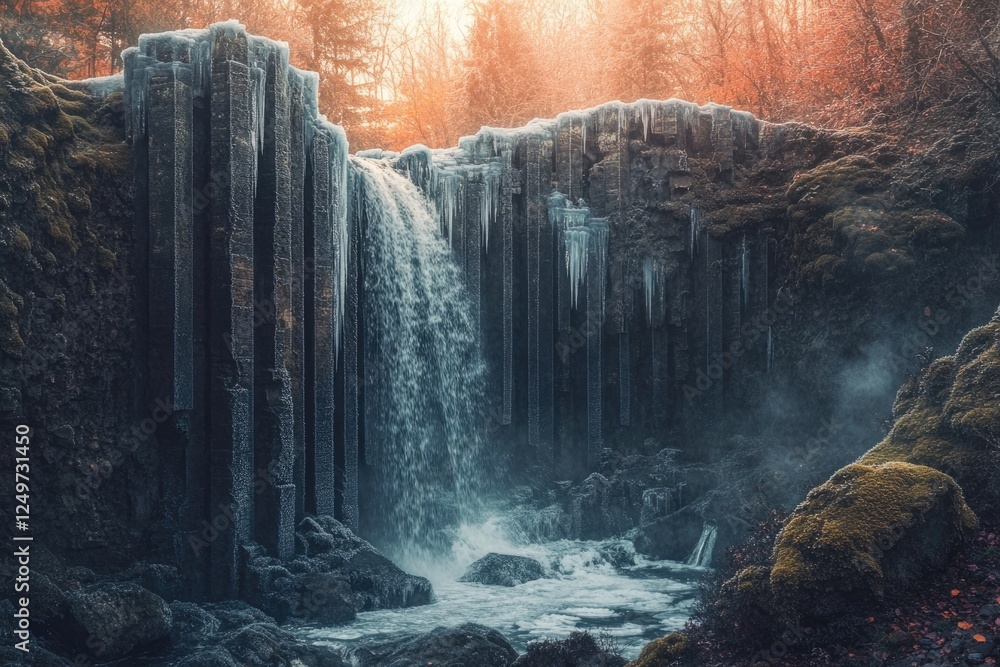Poster frozen waterfall cascading down basalt columns in a misty autumn forest, creating a magical winter s