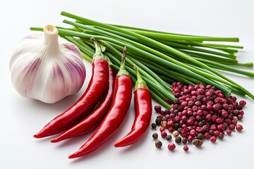 Fresh garlic, red chili peppers, and green chives isolated on a white background, ideal for cooking or culinary-themed designs