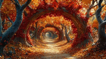 Autumnal archway path in enchanted forest