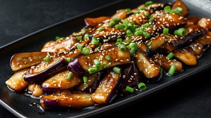 Chinese stir fried eggplant garlic sauce garnished with green onions and sesame seeds served on a black background
