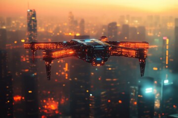 Fototapeta premium Futuristic drone flying over a hazy, illuminated cityscape at sunset.