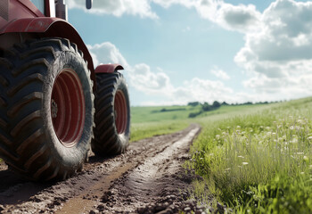 Low view of close up of tractor tires on a dirt road among agriculture field in autumn day. Season agricultural work. Vertical banner