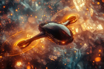 Obraz premium Futuristic drone flying through a fiery, abstract landscape.