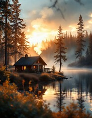 Cabin on Misty Lake at Sunrise with Forest and Glowing Light