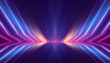 Abstract neon background with bright neon lines and rays, scene.