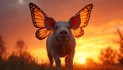 Pig with Butterfly Wings at Sunset - Fantasy Animal Creature