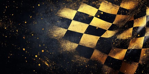 A checkered flag against a dark background, illuminated by golden sparks, evokes speed and excitement, making it ideal for racing themes and events celebrating competition and motorsport