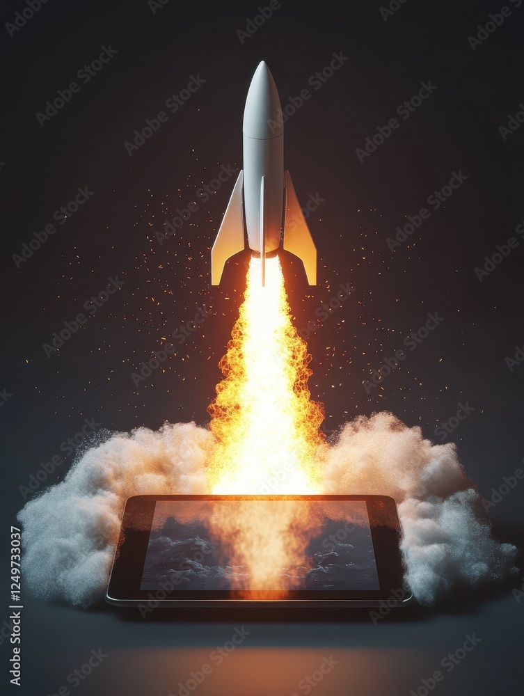 Poster start up concept with abstract rocket launching from tablet screen on dark grey background. 3d rende