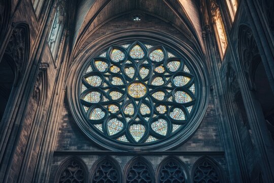 A stunning rose window in a Gothic cathedral, showcasing intricate stained glass and architectural details.