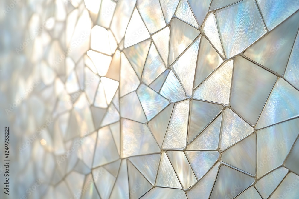 Poster abstract background of iridescent, triangular glass mosaic illuminated by sunlight, creating a shimm