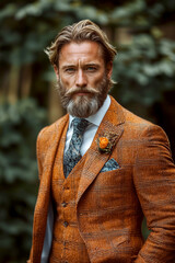 An imposing middle-aged man with a beard in an orange-checkered three-piece suit. The groom at the wedding