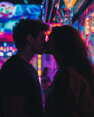 Fototapeta premium Silhouetted couple kissing in neon-lit arcade