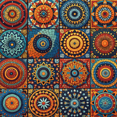 A vibrant and intricate pattern of 16 squares, each featuring a unique design of flowers, leaves, and geometric shapes in a variety of bright colors including orange, blue, yellow, and red. Vector