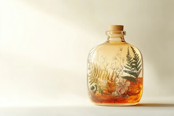 A glass bottle with a cork stopper, filled with preserved flowers and plants, bathed in soft light.