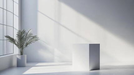 Minimalist White Room Interior with Display Cube and Plant