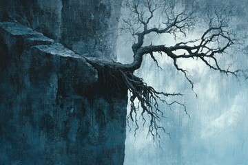 A gnarled, leafless tree clings precariously to a cliff edge, overlooking a misty expanse.