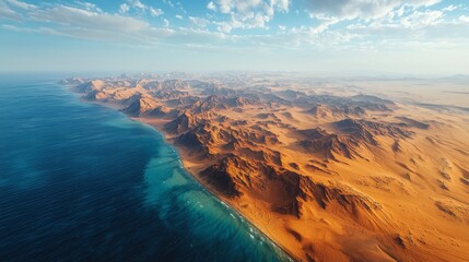 Witness the breathtaking blend of golden desert sands and rugged mountain landscapes meeting the turquoise waters of the Red Sea. This aerial perspective reveals nature's grand artistry