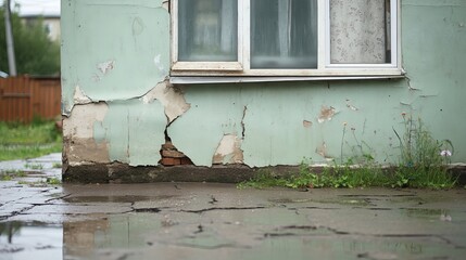 A backyard with a crack in the wall, water trickling down, small puddles gathering, rainy day, rustic house with worn-out features