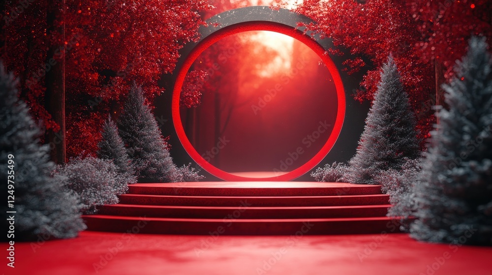 Poster a surreal red forest scene with a circular portal and steps.