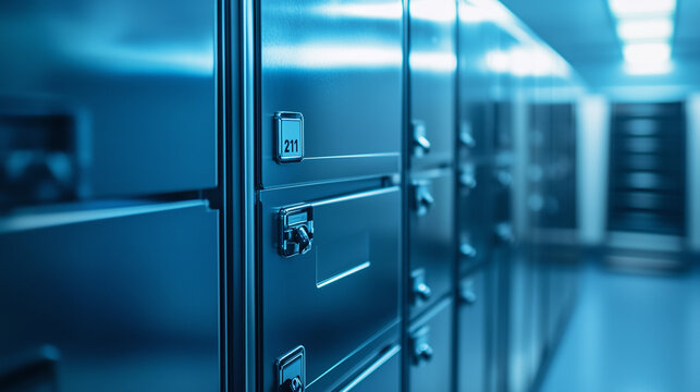 Stainless steel morgue lockers in a cold storage facility