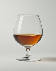 Snifter glass with amber cognac on neutral background