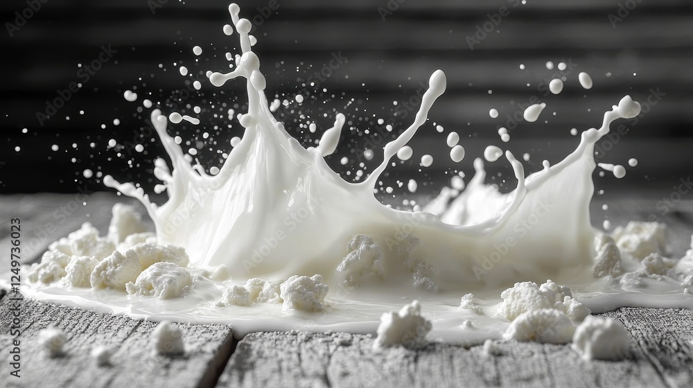 Poster milk splashing on a wooden surface, creating an artistic visual effect.