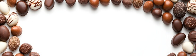 Obraz premium White Background with Chocolate Candies Arranged in Oval Shape for Commercial Use