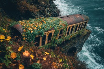 Overgrown rusty train car precariously perched on a cliff overlooking a stormy ocean.